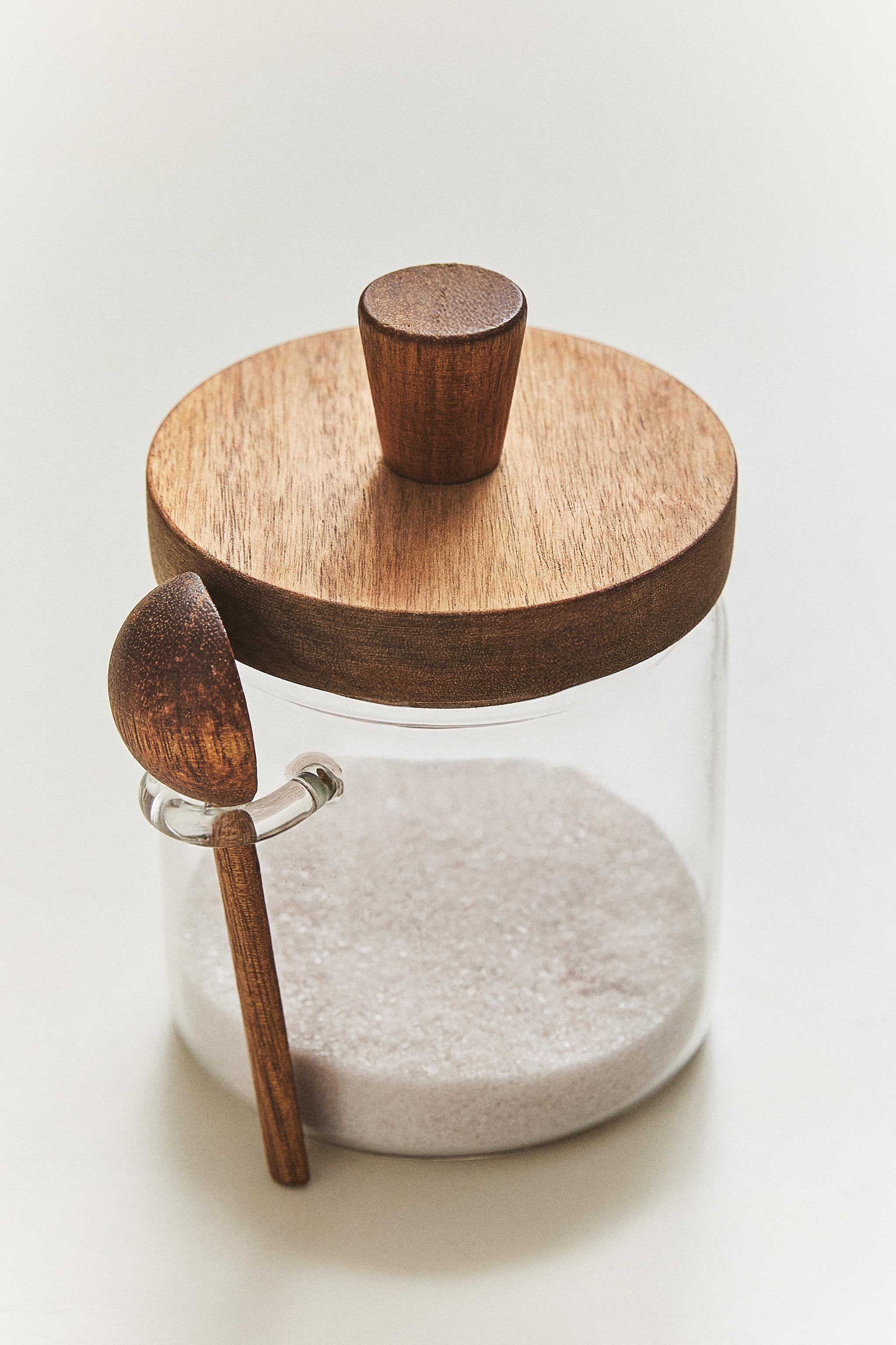 BOROSILICATE GLASS AND WOOD SUGAR BOWL